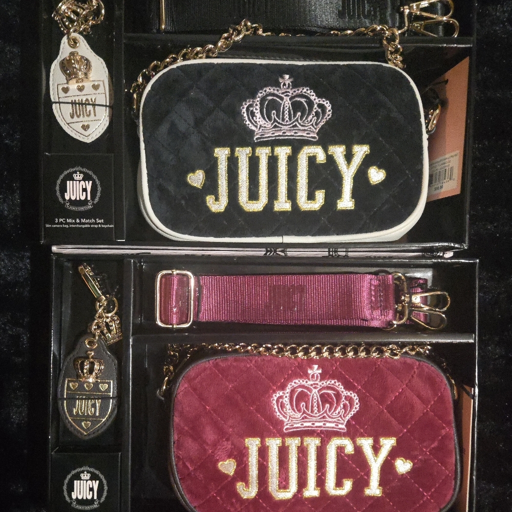 Juicy Couture Crowning Glory Velour Crossbody Bag Set in Black Or Plumπ NWT